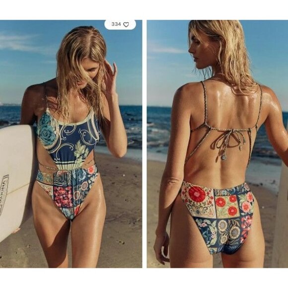 Agua Bendita Nadine Harvest One-Piece Swimsuit Womens L Designer Floral Beach - Picture 1 of 9